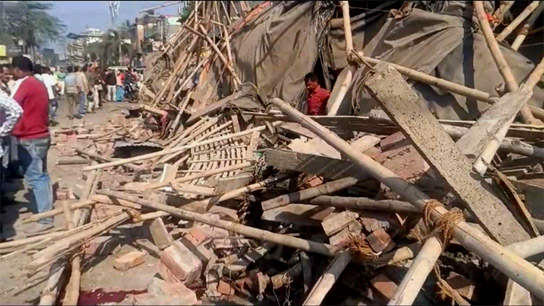 A portion of the newly constructed market at Anulia in Ranaghat collapsed