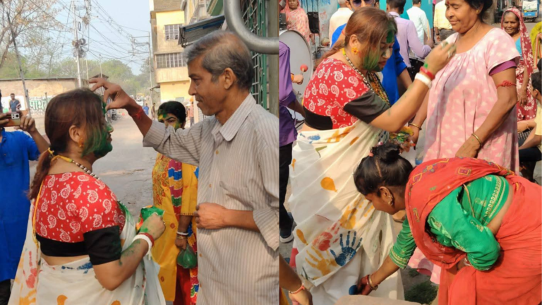 Sriparna Roy painted herself in the colors of the Dol Yatra