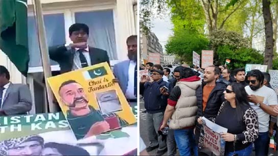 Indian community protests outside high commission in London Pak army attache makes throat slit gesture