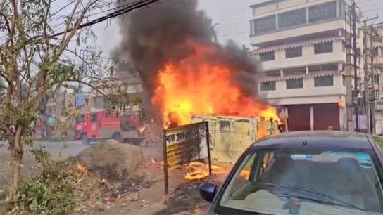 Police vehicle set on fire in Banipur, adjacent to Umarpur, Jangipur