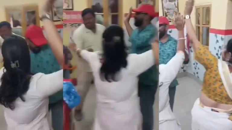 two DYFI leaders dance at party office with women in Bankura