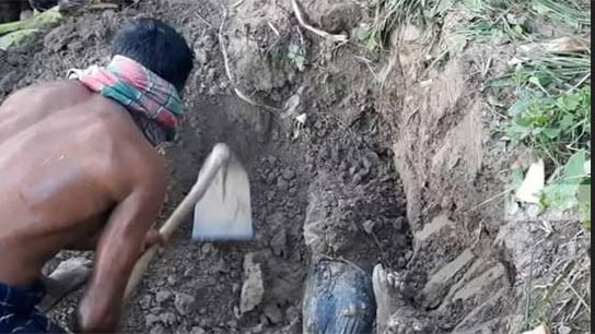 Based on the old woman's words, the young man's body was found after digging in the yard in the presence of police and administration officials