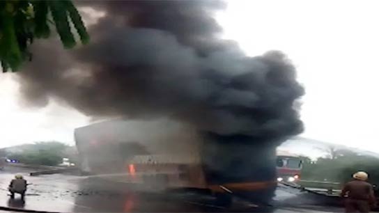 Fire Break out in Container Truck Carrying New Cars