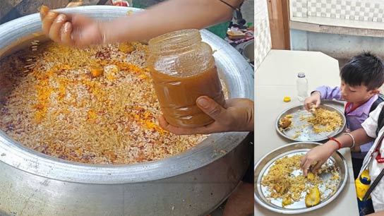 Chicken biryani in mid-day meal, happy young students