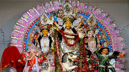 In the autumn Durga Puja, initiated by Maharaja Krishnachandra, the goddess's vehicle was a lion with a horse's head