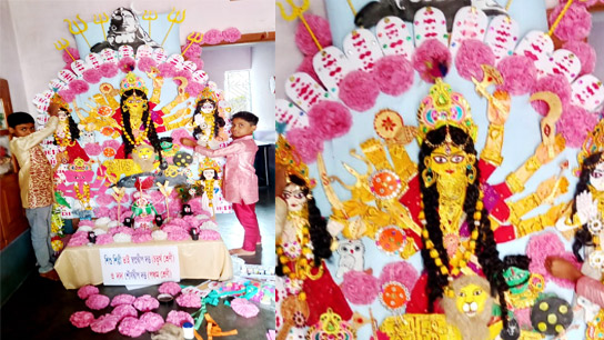 Child artists Swapnadeep Dutta and Shauryadeep Dutta from Purba Burdwan made Durga idols from discarded boxes and other trivial and neglected objects and put them on display
