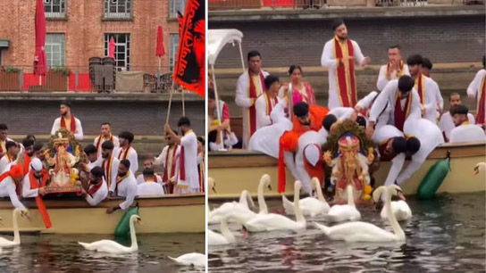 Indian-origin devotees seen bathing Ganesha in the River Thames in London, UK