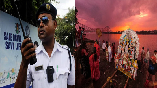 kolkata police conducts water and aerial surveillance at ganga ghats for immersion