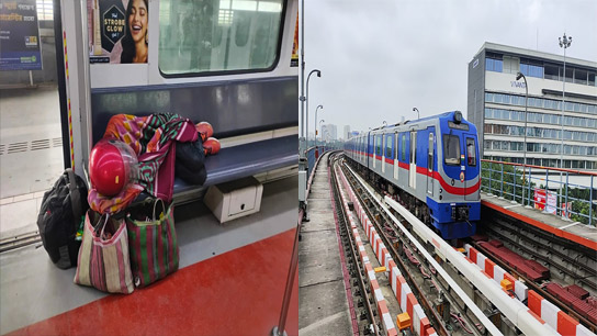 The metro is like a local train! Someone is sleeping on the seat, a dog is entering somewhere