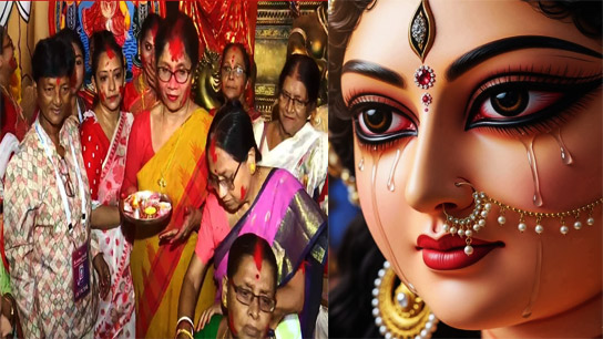 From Bagbazar to Kumortuli, vermilion play continues on the tenth day of Durga Puja amidst the rain