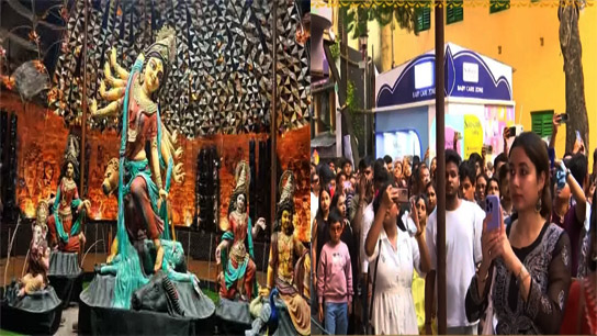Huge crowd in several famous pandals in Kolkata on the evening of the 8th day of Durga Puja 2025