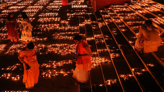 Today is Deepavali, today is a 'lamp-lit evening' with the light of twenty-one hundred lamps at Mahananda Ghat in Siliguri
