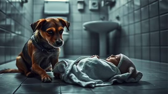 Newborn falls in front of bathroom! Neighborhood dogs guard it all night