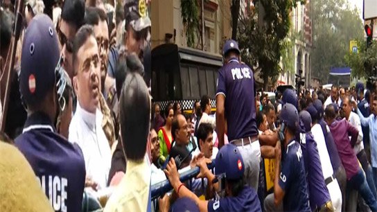 BJP MLAs including Suvendu Adhikari at CEO office, 'Trinamool' BLOs protest around them
