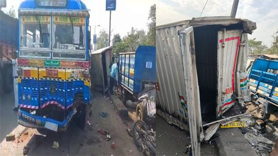 Two buses collide; lose control and hit a bicycle, bike, and auto