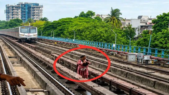 Woman changing platforms on a metro line