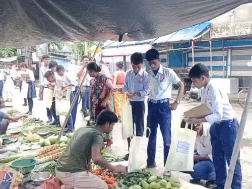 Students in the market with bags to learn math