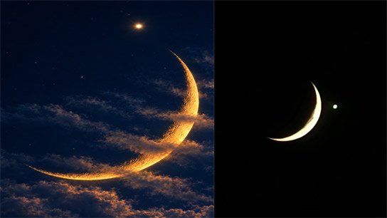 Venus shines next to a sliver of the moon in the western sky: A cosmic scene mesmerized by the evening twilight