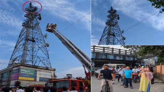 Unidentified youth climbs onto mobile tower at Hospital intersection in Siliguri: Firefighters rescue, tension in crowded area