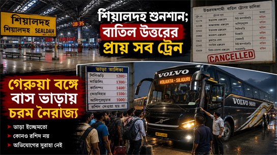 Sealdah deserted; almost all trains to the north cancelled; extreme anarchy over bus fares