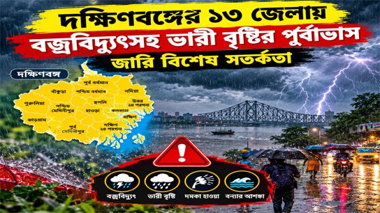 Heavy rains with lightning predicted in 13 districts of South Bengal; special alert issued