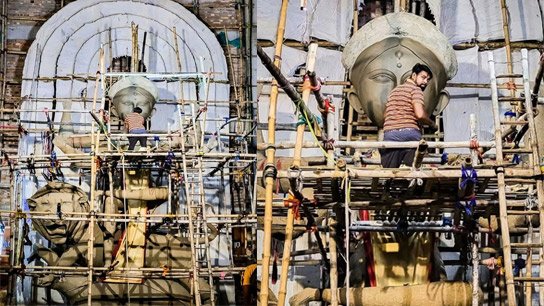 Mother Jagaddhatri is taking shape under the touch of artist Govinda Pal in Baghbazar, Chandannagar