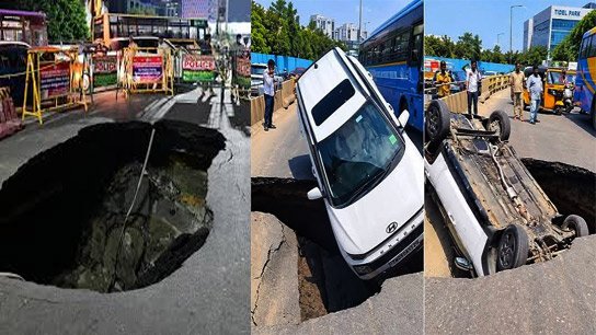 Sudden landslide on moving road! Car overturns and falls into sinkhole