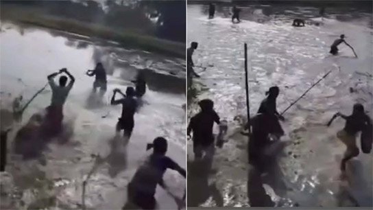 Bangladeshis steal sand from river in the dark! BSF attacks to stop them