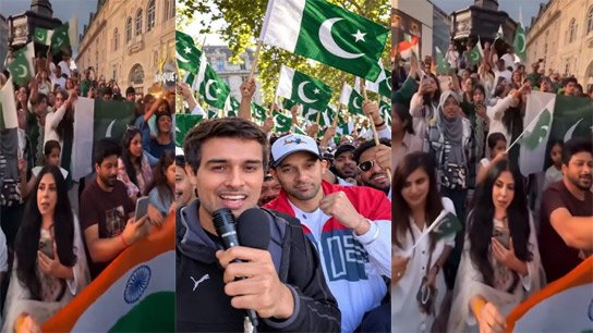 Pakistan and Bangladesh flags at Dhruv Rathi's protest rally in London