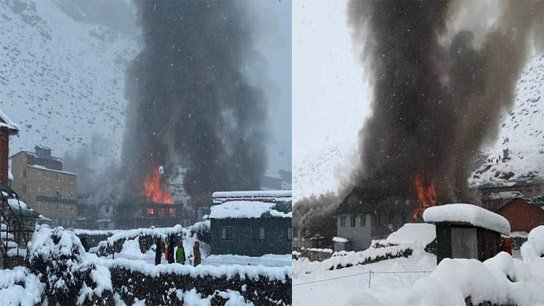 Massive fire breaks out on Everest Base Camp trekking route; 'Hotel Good Luck' gutted in cylinder explosion, panic spreads across the mountain