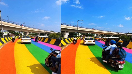 Kolkata's flyovers are decorated with rainbow colors and a touch of glitter during Puja.