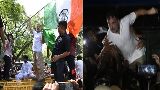 Rahul-Priyanka detained from Akashvani building; Opposition leader 'dragged' into bus by police
